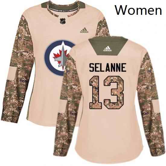 Womens Adidas Winnipeg Jets 13 Teemu Selanne Authentic Camo Veterans Day Practice NHL Jersey